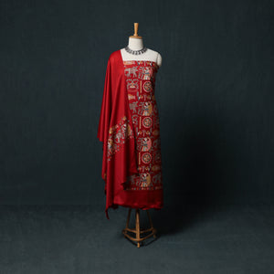 Red - 3pc Heavy Embroidered Wool Unstitched Dress Material Suit Set 23