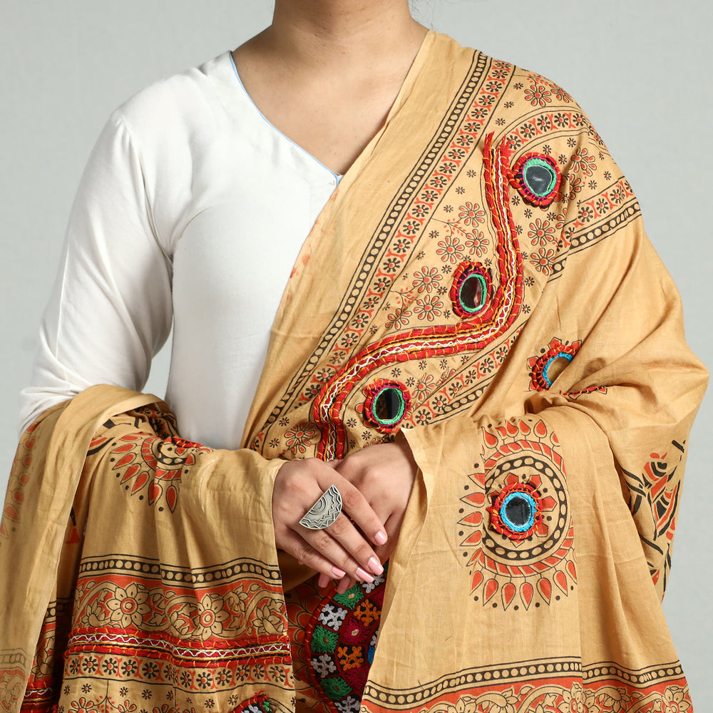 Brown - Kutch Hand Embroidery Mirror Work Printed Cotton Dupatta 03