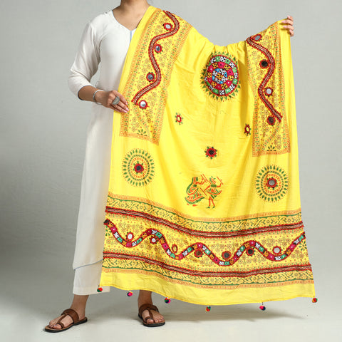 Yellow - Kutch Hand Embroidery Mirror Work Printed Cotton Dupatta 06