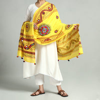 Yellow - Kutch Hand Embroidery Mirror Work Printed Cotton Dupatta 06