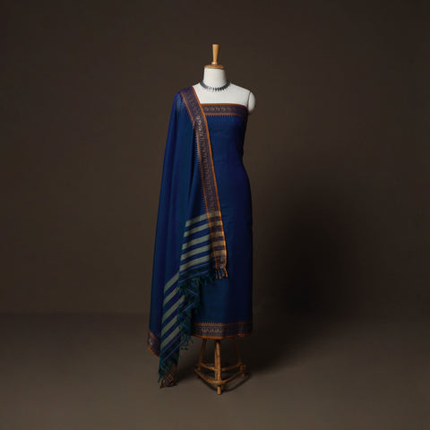 Blue - Dharwad Cotton 3pc Plain Unstitched Dress Material Suit Set with Woven Border 14