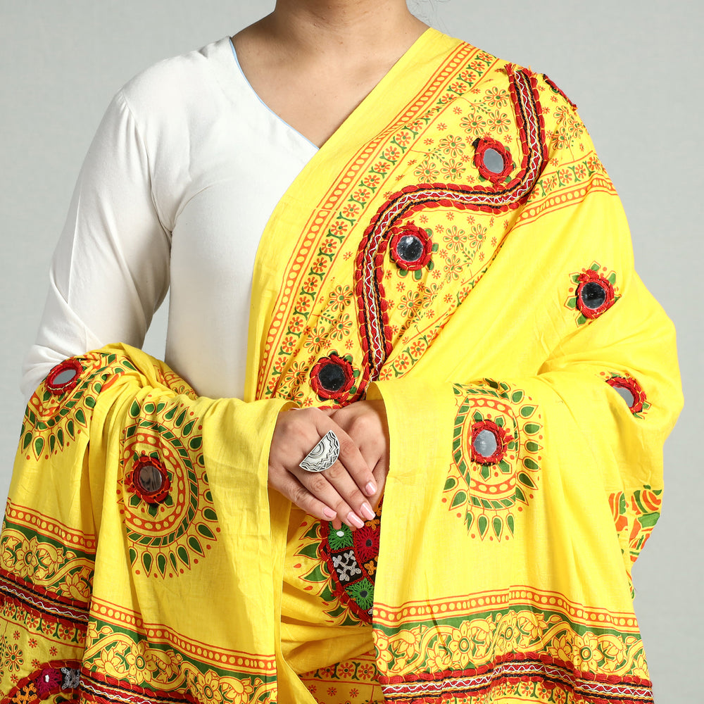 Yellow - Kutch Hand Embroidery Mirror Work Printed Cotton Dupatta 06