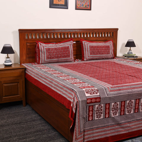 Red - Cotton Bagh Print Double Bedsheet with Pillow Covers 10