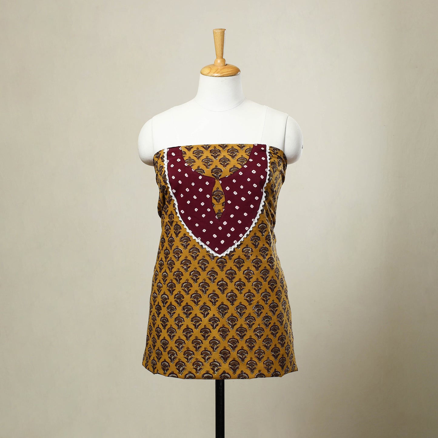 Buy Yellow Bagru Print Patchwork Cotton Kurta Material