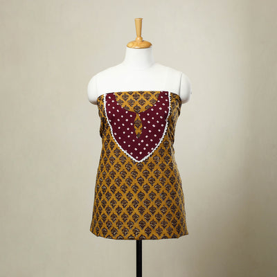 Buy Yellow Bagru Print Patchwork Cotton Kurta Material