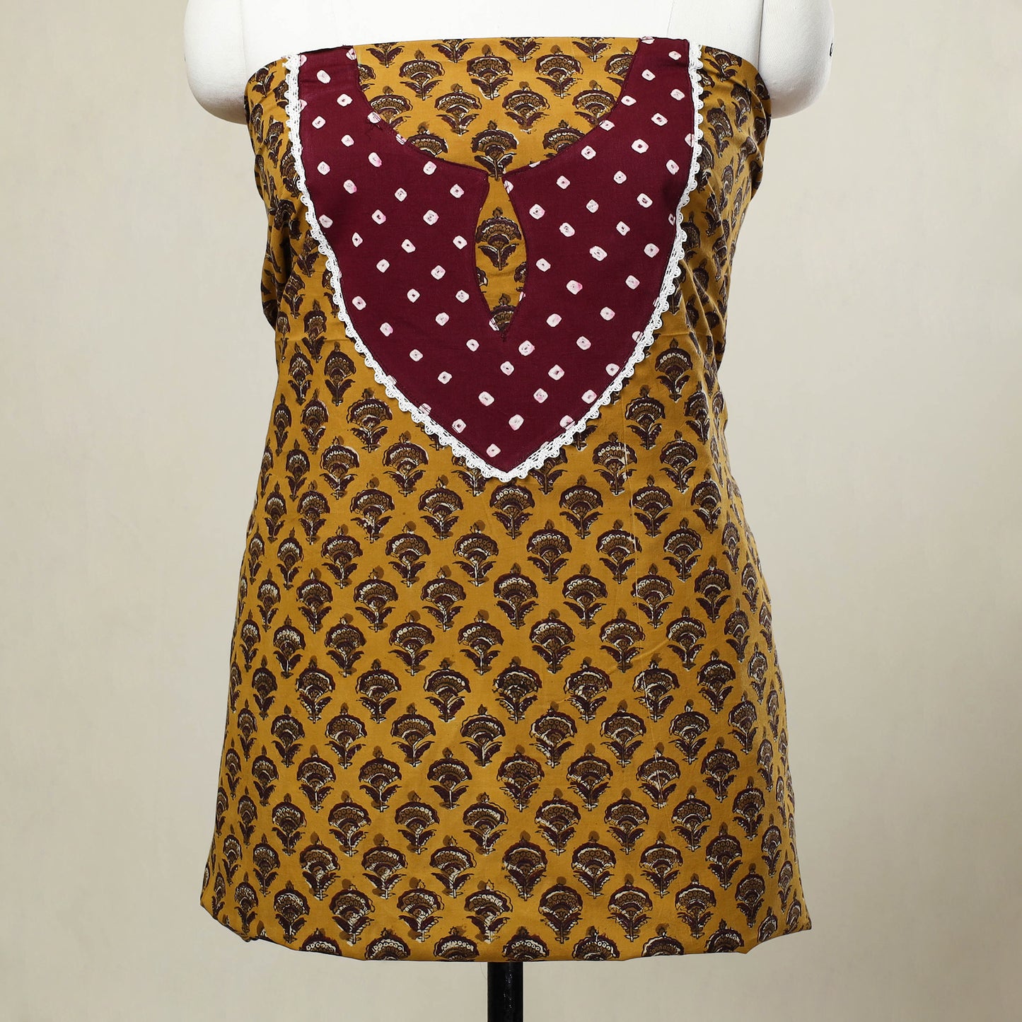 Buy Yellow Bagru Print Patchwork Cotton Kurta Material