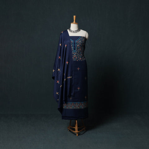 Blue - 3pc Embroidered Wool Unstitched Dress Material Suit Set 08