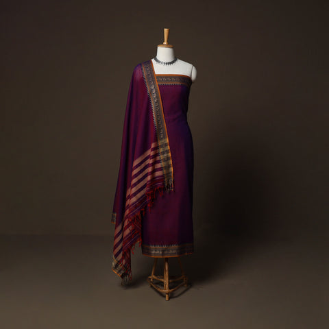 Maroon - Dharwad Cotton 3pc Plain Unstitched Dress Material Suit Set with Woven Border 15