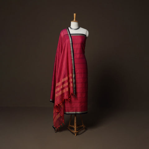 Red - Dharwad Cotton 3pc Plain Unstitched Dress Material Suit Set with Woven Border 16