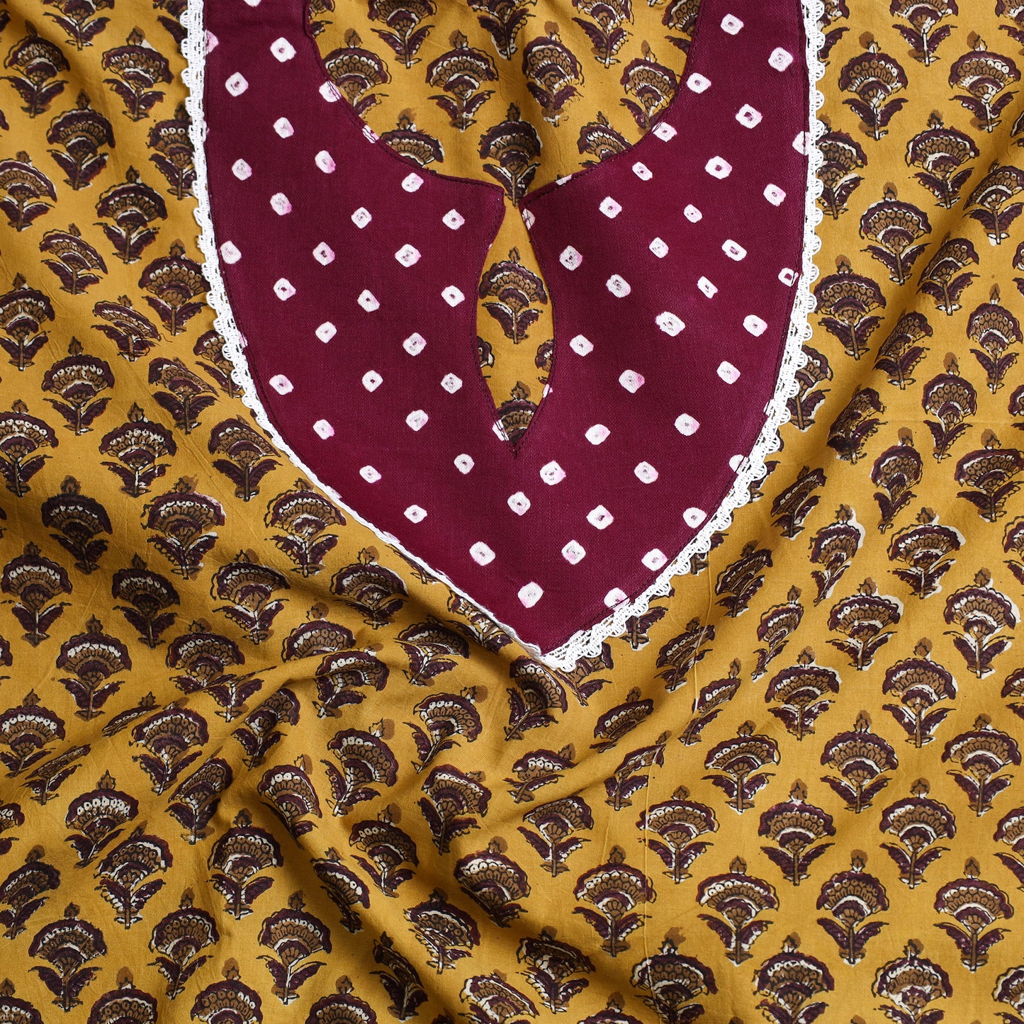 Buy Yellow Bagru Print Patchwork Cotton Kurta Material
