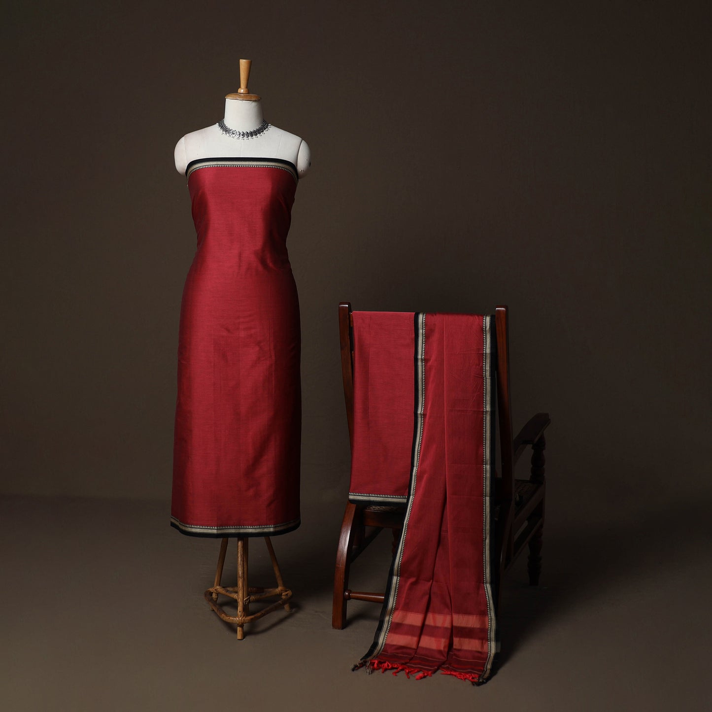 Dharwad Cotton 3pc Plain Unstitched Dress Material Suit Set with Woven Border 17