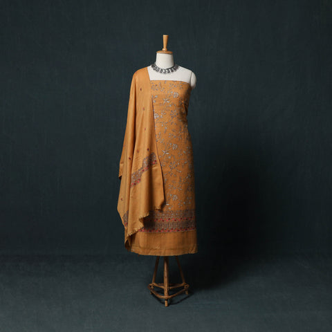Yellow - 3pc Heavy Embroidered Wool Unstitched Dress Material Suit Set 15