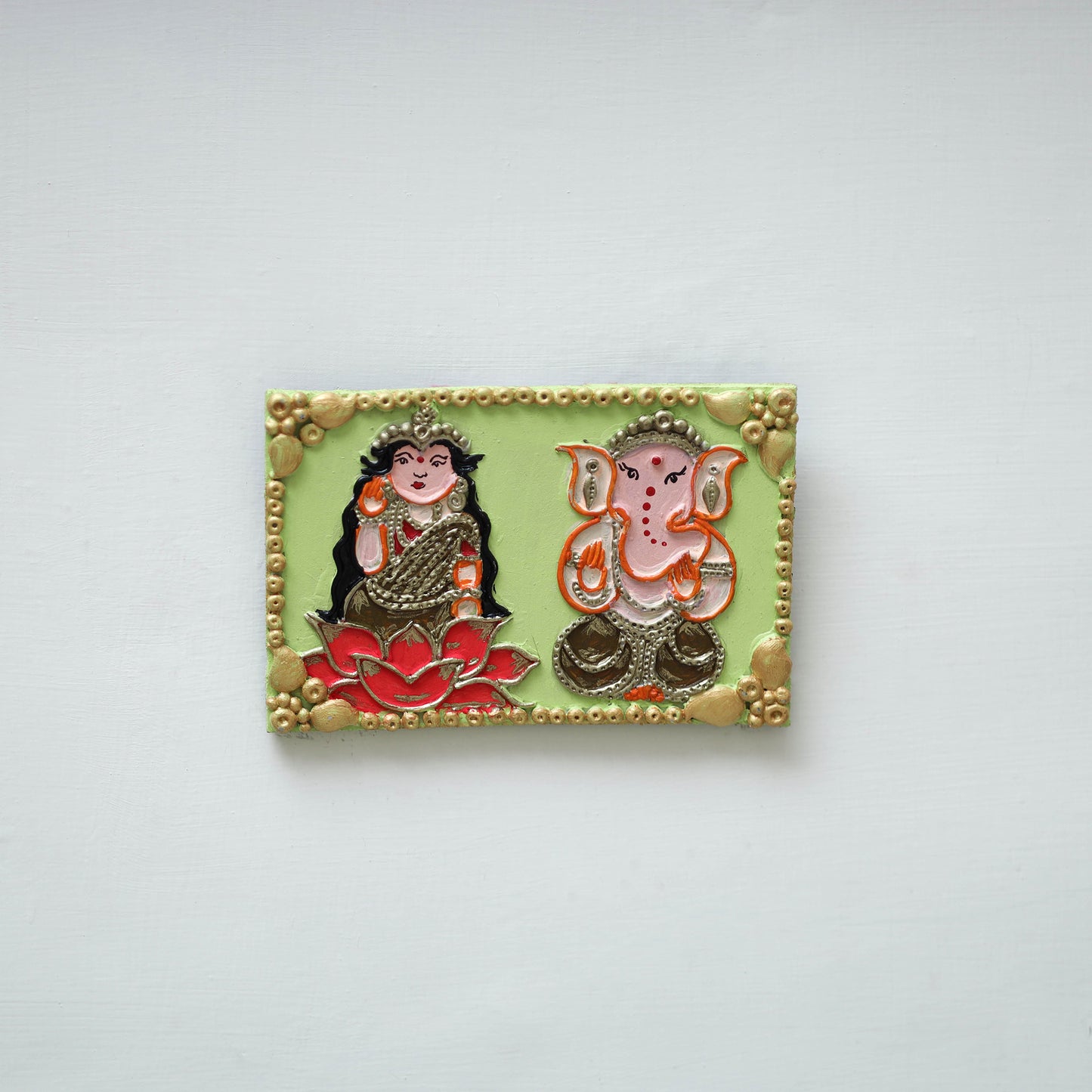 Laxmi & ganesha - handpainted clay art wall frame 02