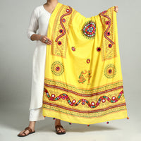 Yellow - Kutch Hand Embroidery Mirror Work Printed Cotton Dupatta 14