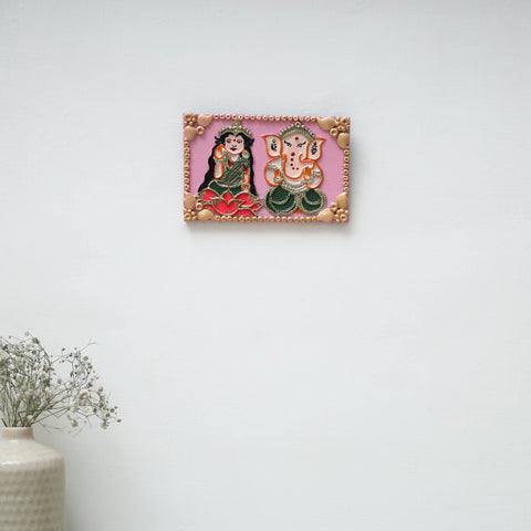 Laxmi & ganesha - handpainted clay art wall frame 04