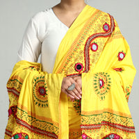 Yellow - Kutch Hand Embroidery Mirror Work Printed Cotton Dupatta 14