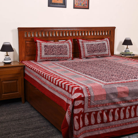 Red - Cotton Bagh Print Double Bedsheet with Pillow Covers 15