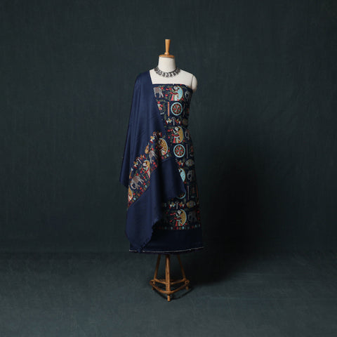 Blue - 3pc Heavy Embroidered Wool Unstitched Dress Material Suit Set 26