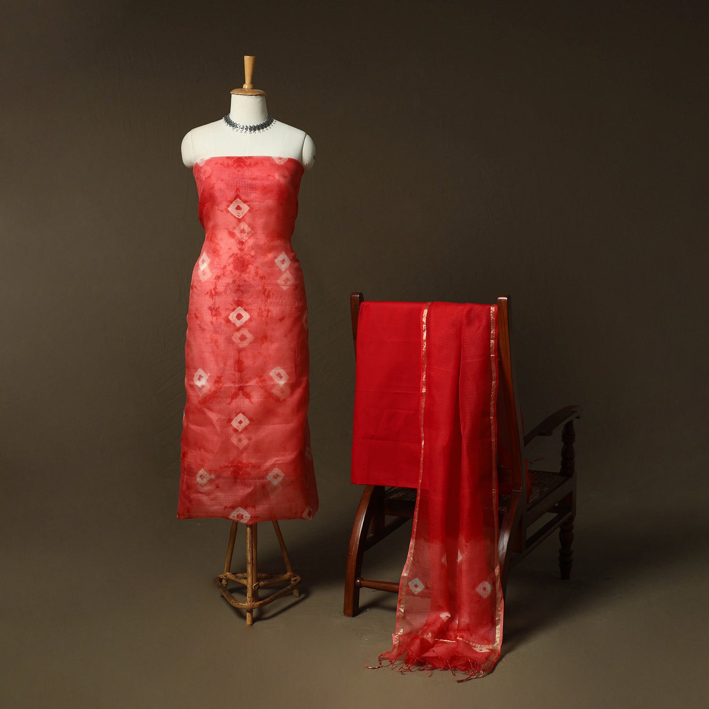 Shibori Tie-Dye Kota Doria Silk 3pc Unstitched Dress Material Suit Set 04