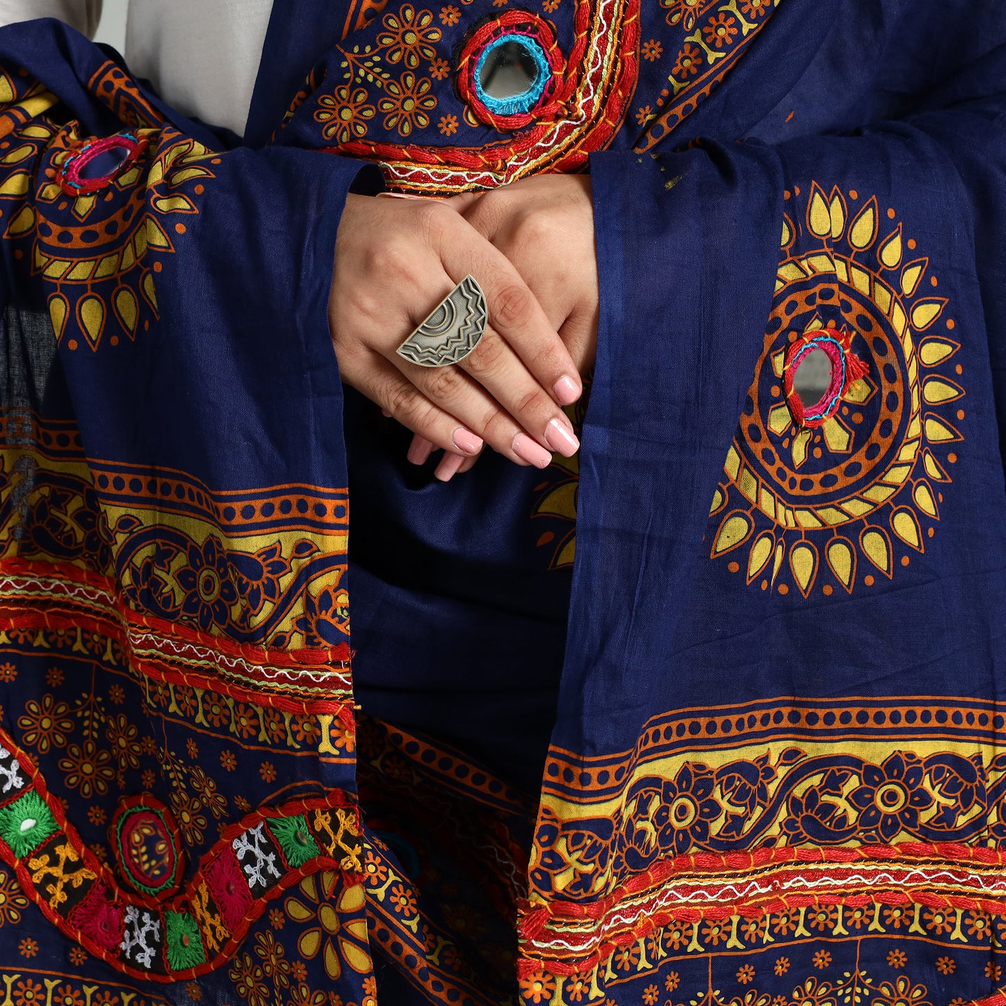 Blue - Kutch Hand Embroidery Mirror Work Printed Cotton Dupatta 17