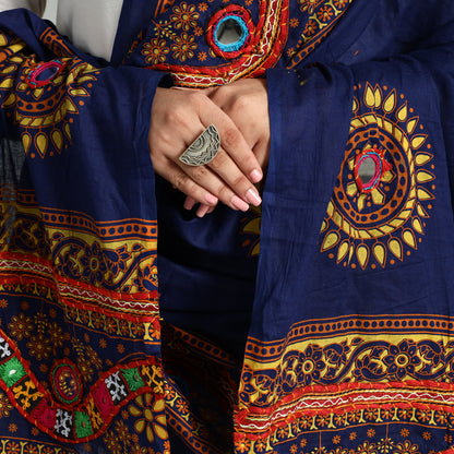 Blue - Kutch Hand Embroidery Mirror Work Printed Cotton Dupatta 17