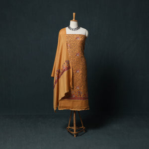 Yellow - 3pc Heavy Embroidered Wool Unstitched Dress Material Suit Set 27