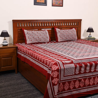 Red - Cotton Bagh Print Double Bedsheet with Pillow Covers 17