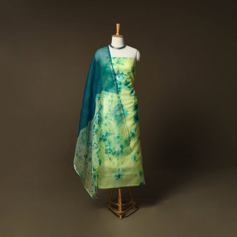 Shibori Tie-Dye Kota Doria Silk 3pc Unstitched Dress Material Suit Set 03