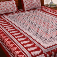 Red - Cotton Bagh Print Double Bedsheet with Pillow Covers 17