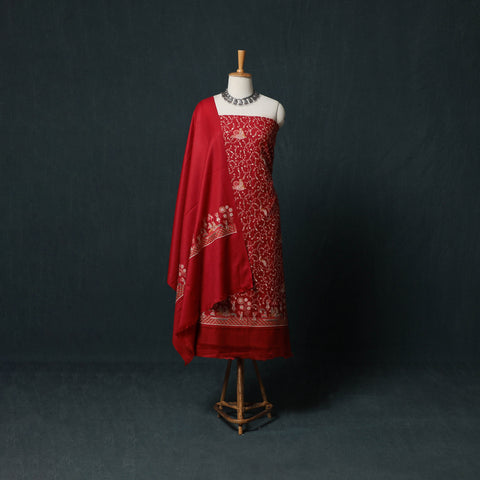 Red - 3pc Heavy Embroidered Wool Unstitched Dress Material Suit Set 28