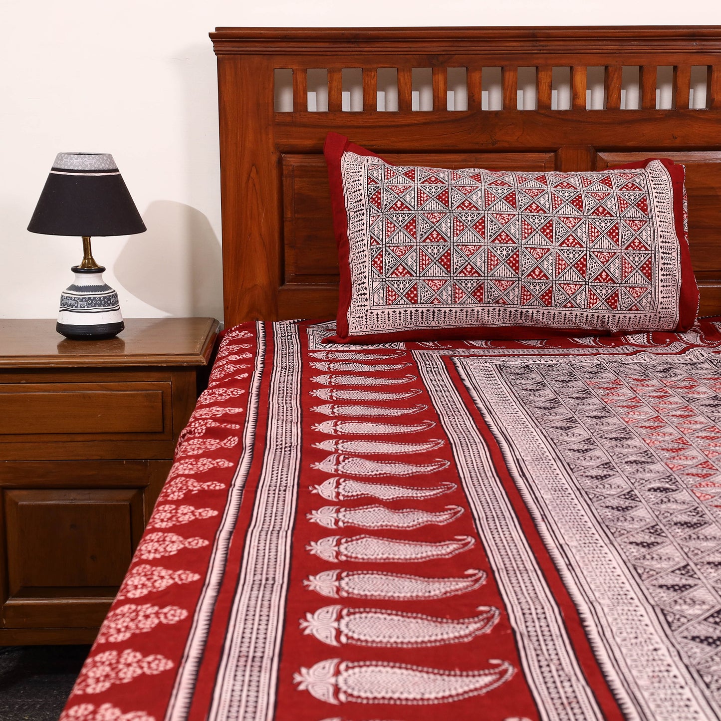 Red - Cotton Bagh Print Double Bedsheet with Pillow Covers 17