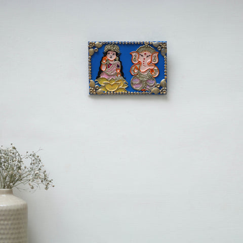 Laxmi & ganesha - handpainted clay art wall frame 13