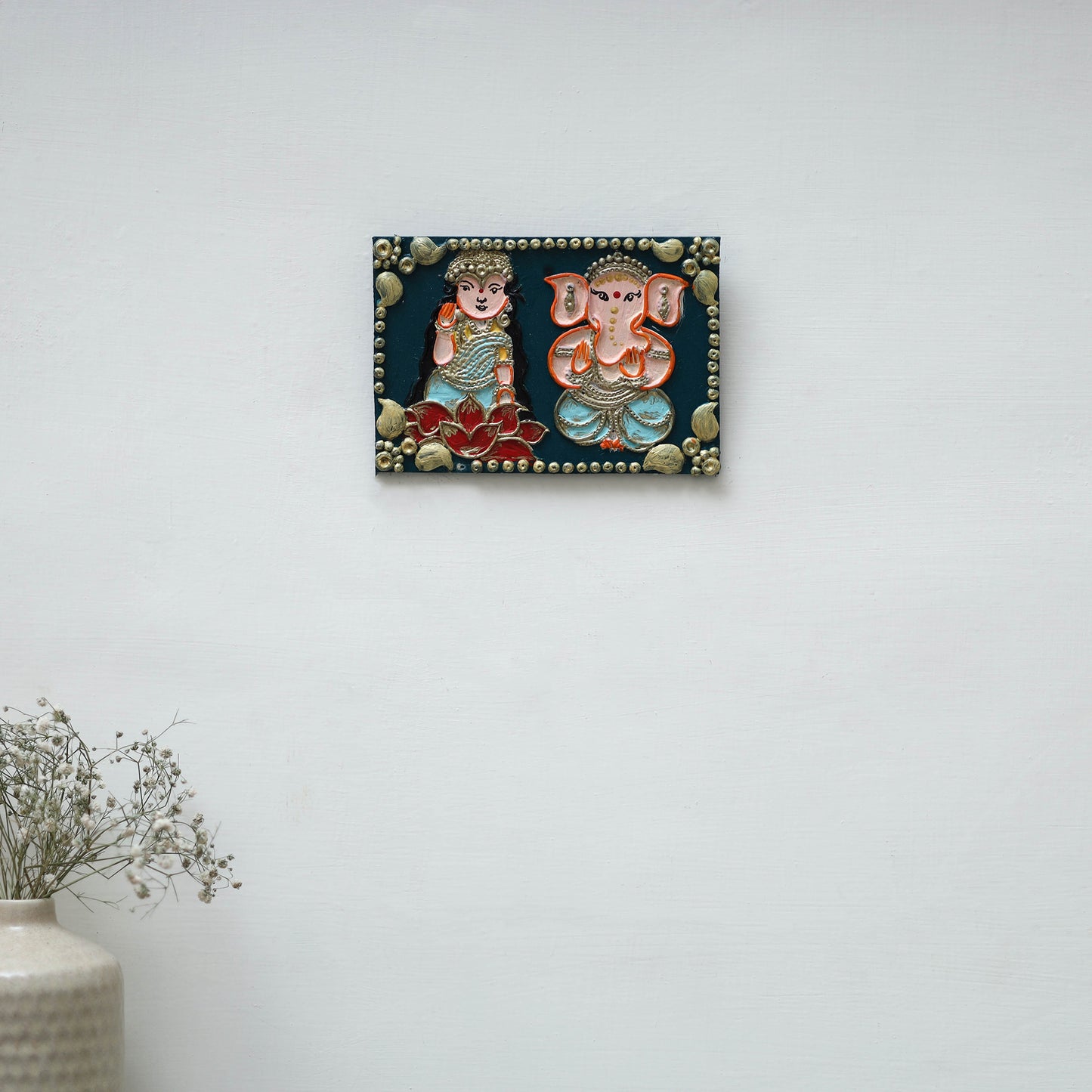 Laxmi & ganesha - handpainted clay art wall frame 14