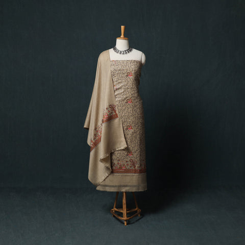 Beige - 3pc Heavy Embroidered Wool Unstitched Dress Material Suit Set 29