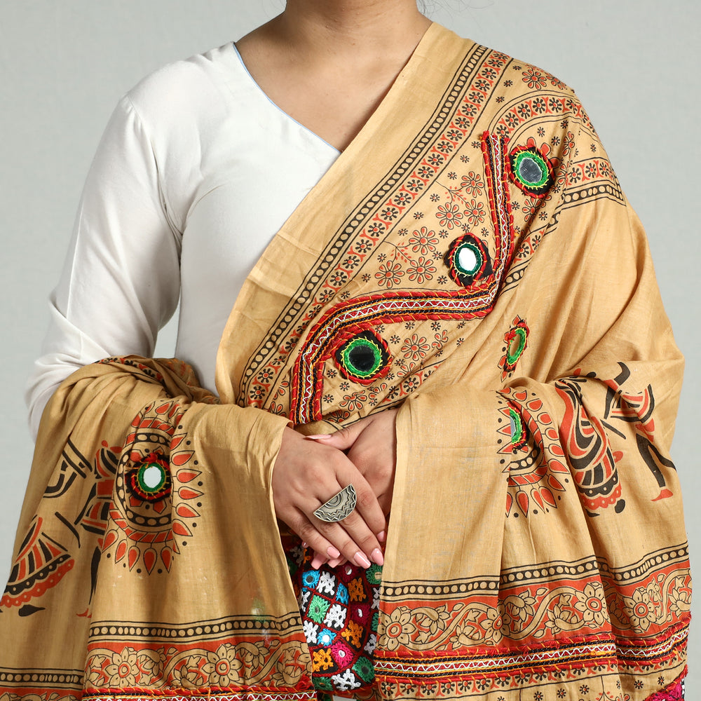 Brown - Kutch Hand Embroidery Mirror Work Printed Cotton Dupatta 22