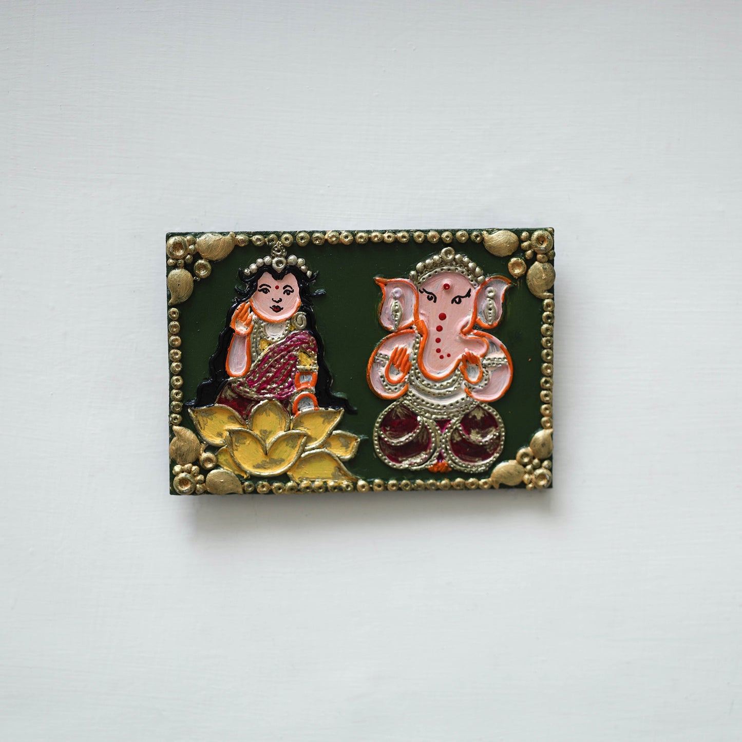 Laxmi & ganesha - handpainted clay art wall frame 16