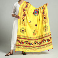 Yellow - Kutch Hand Embroidery Mirror Work Printed Cotton Dupatta 23