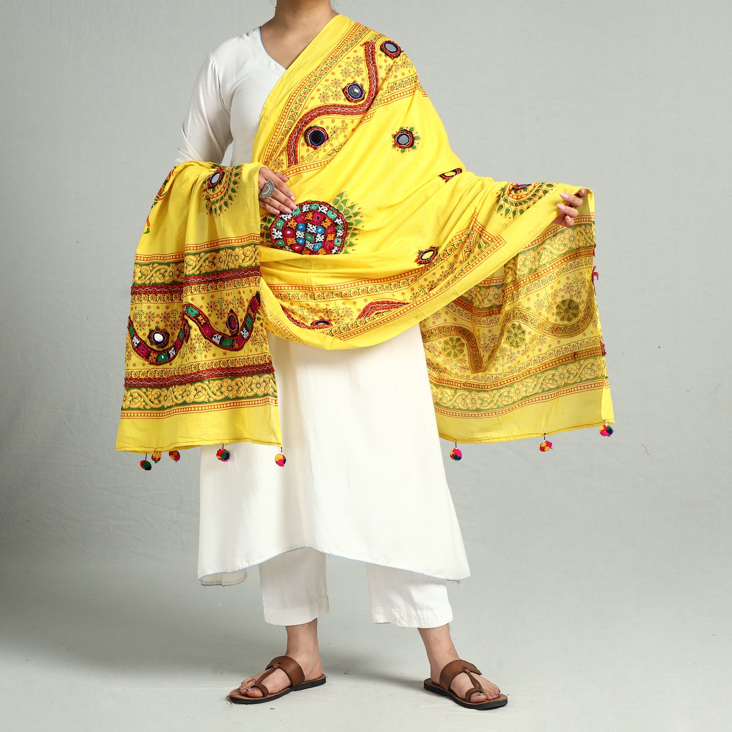 Yellow - Kutch Hand Embroidery Mirror Work Printed Cotton Dupatta 23