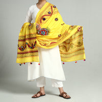 Yellow - Kutch Hand Embroidery Mirror Work Printed Cotton Dupatta 23