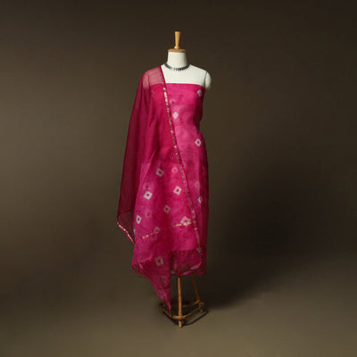 Shibori Tie-Dye Kota Doria Silk 3pc Unstitched Dress Material Suit Set 02