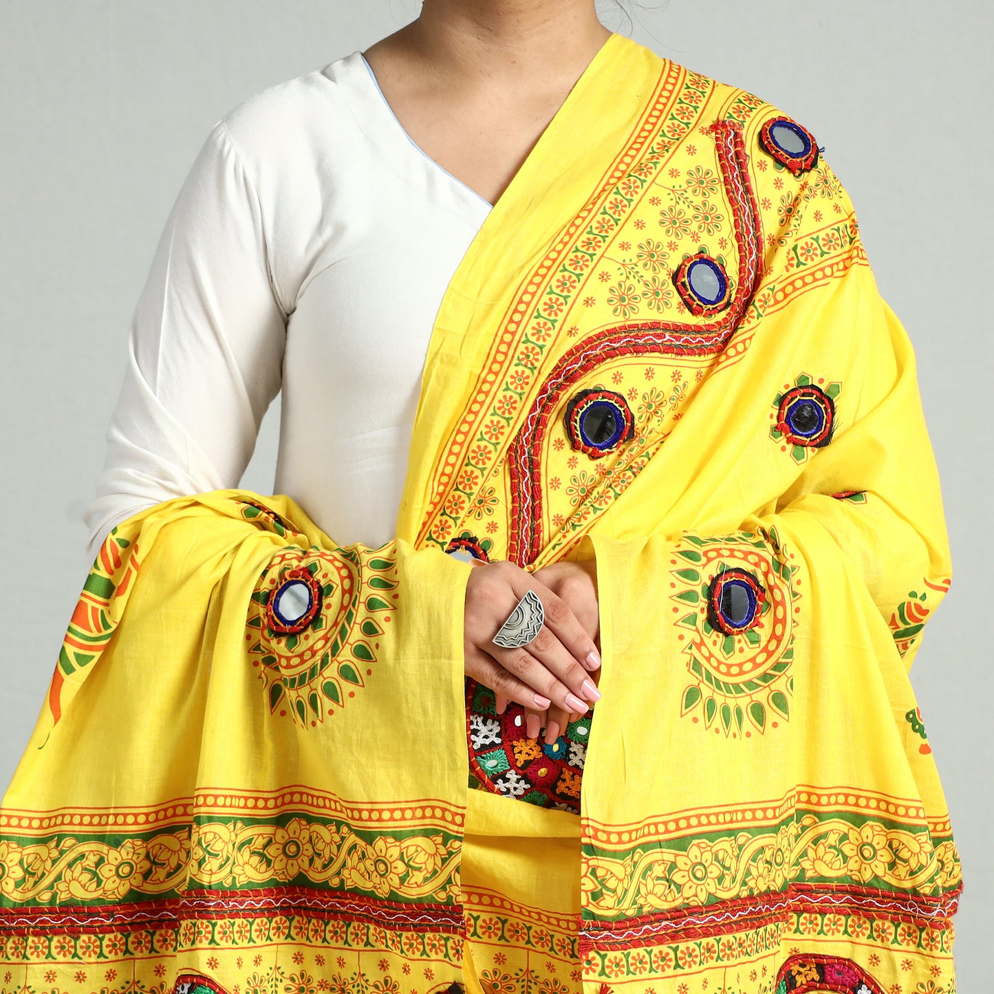 Yellow - Kutch Hand Embroidery Mirror Work Printed Cotton Dupatta 23