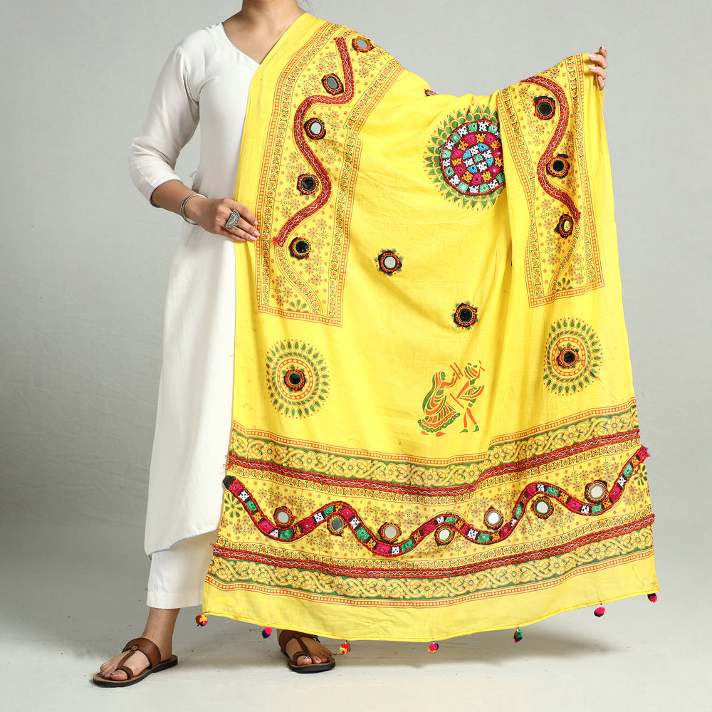 Yellow - Kutch Hand Embroidery Mirror Work Printed Cotton Dupatta 24