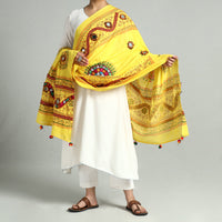 Yellow - Kutch Hand Embroidery Mirror Work Printed Cotton Dupatta 24