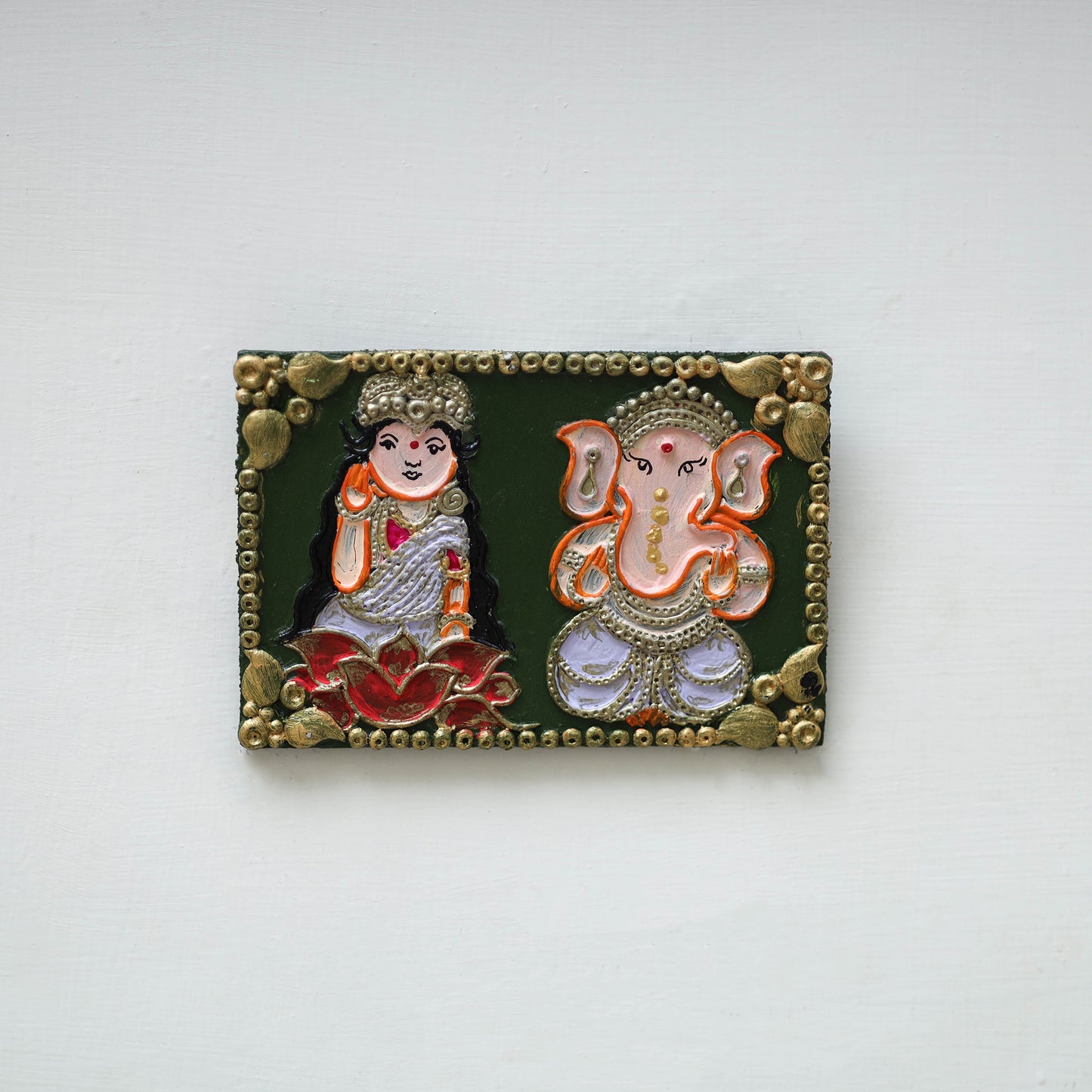 Laxmi & ganesha - handpainted clay art wall frame 19