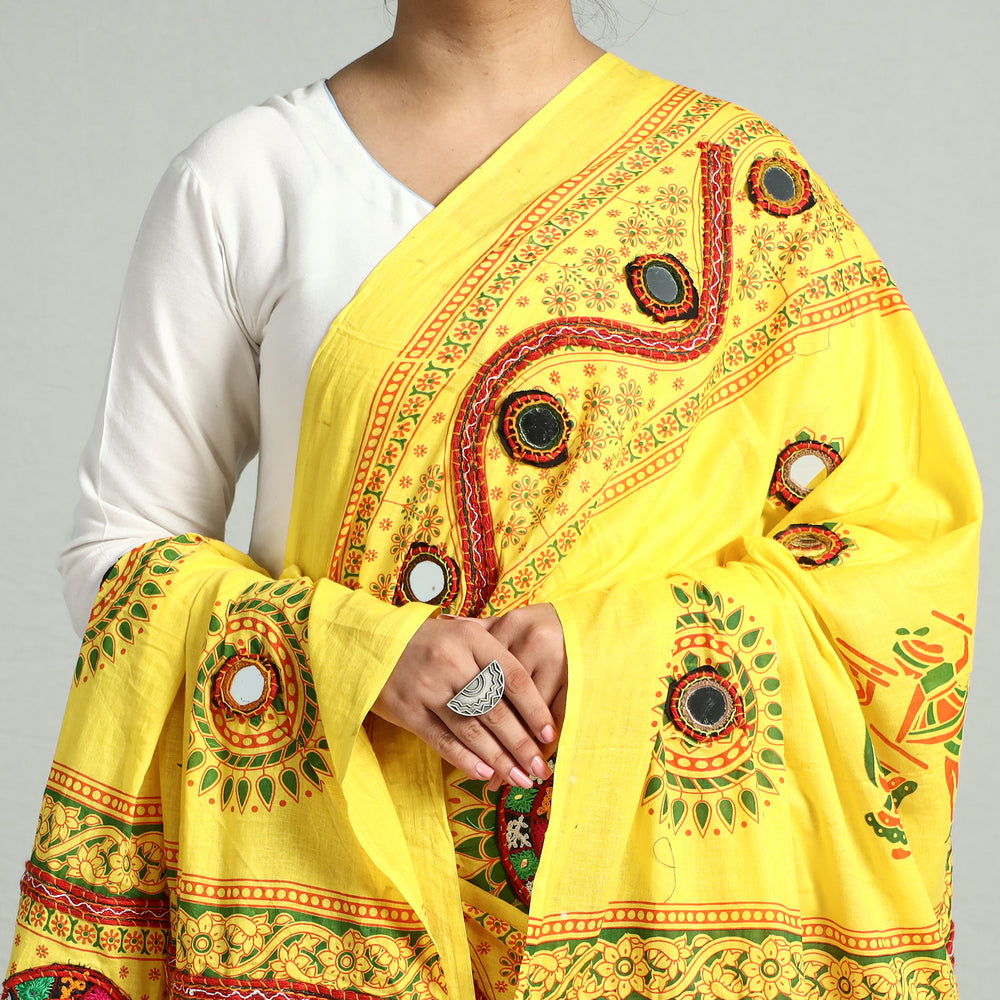 Yellow - Kutch Hand Embroidery Mirror Work Printed Cotton Dupatta 24