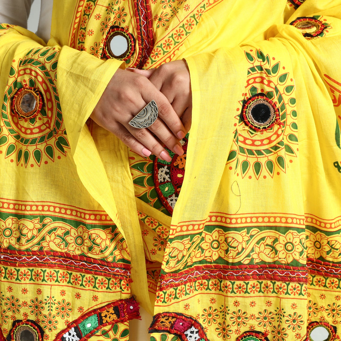 Yellow - Kutch Hand Embroidery Mirror Work Printed Cotton Dupatta 24