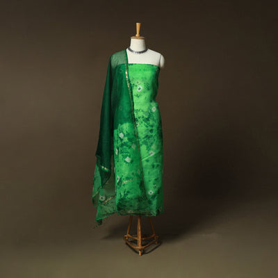Shibori Tie-Dye Kota Doria Silk 3pc Unstitched Dress Material Suit Set 06