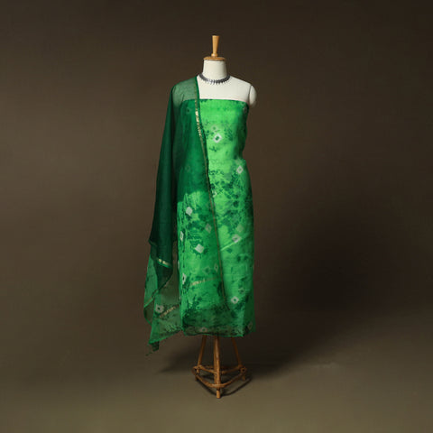 Shibori Tie-Dye Kota Doria Silk 3pc Unstitched Dress Material Suit Set 06