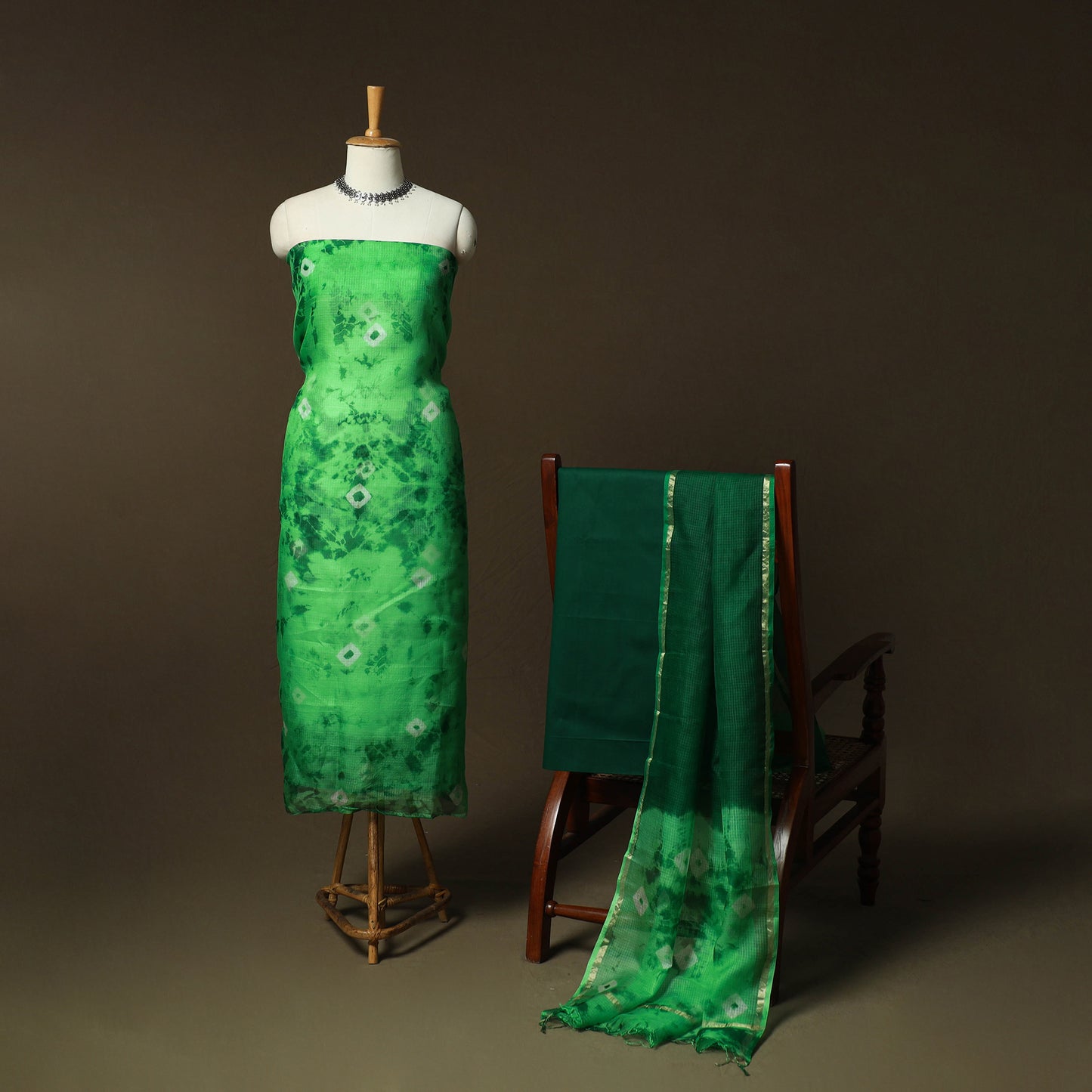 Shibori Tie-Dye Kota Doria Silk 3pc Unstitched Dress Material Suit Set 06
