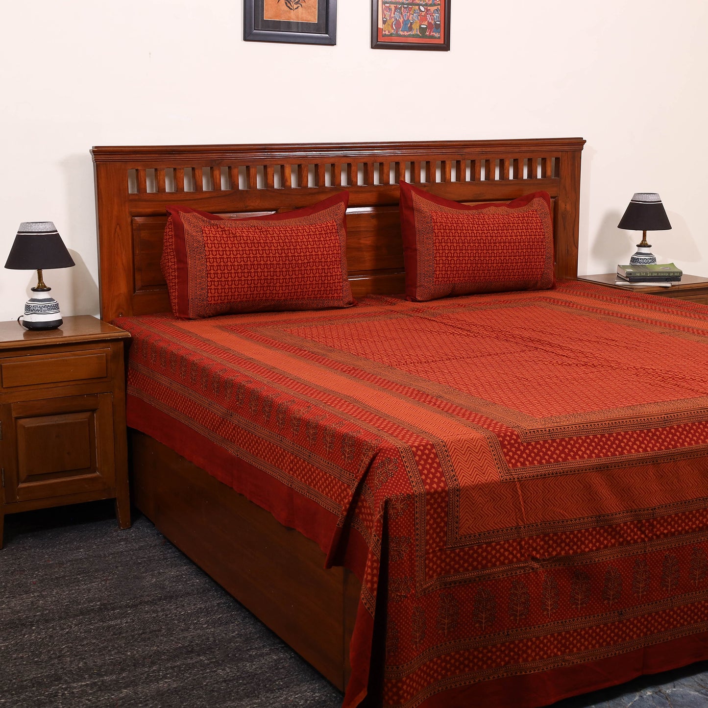 Red - Cotton Bagh Print Double Bedsheet with Pillow Covers 22